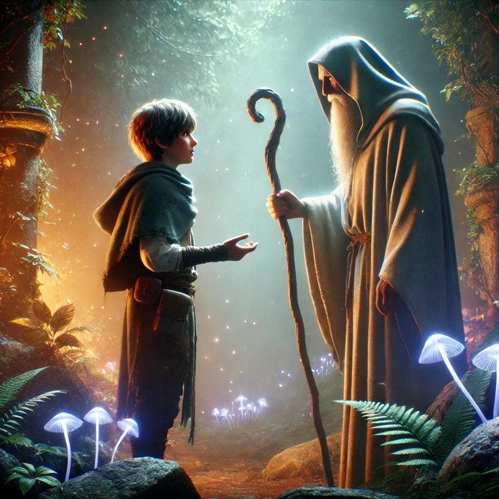 Graphic of a hero meeting a guide in a fantasy world.