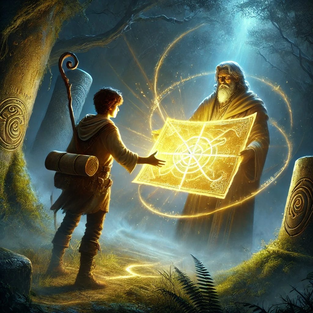 Illustration of a magical guide giving a hero a mystical map