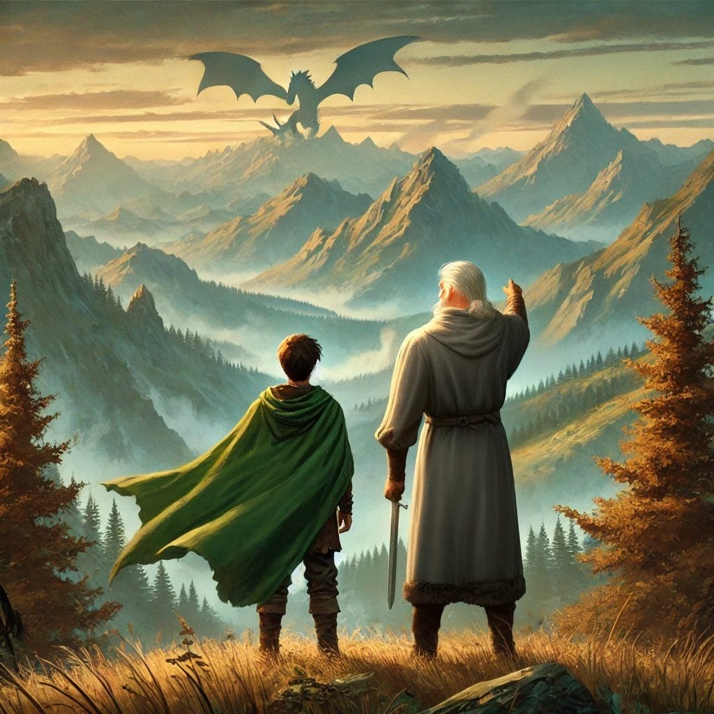 Illustration of a guide pointing towards a dragon in the distance, telling the hero what he needs to do.