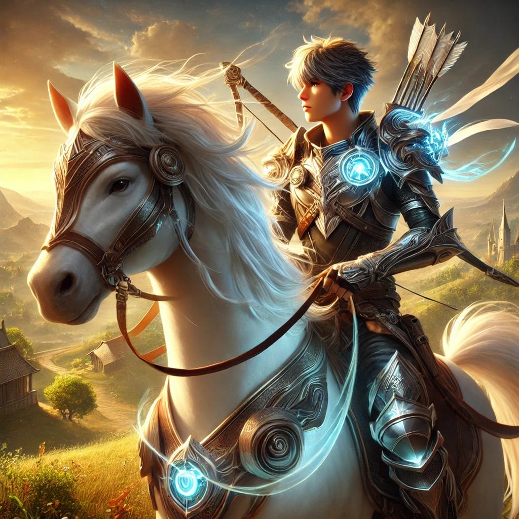 illustration of a hero on a horse wearing magical armor and looking confident