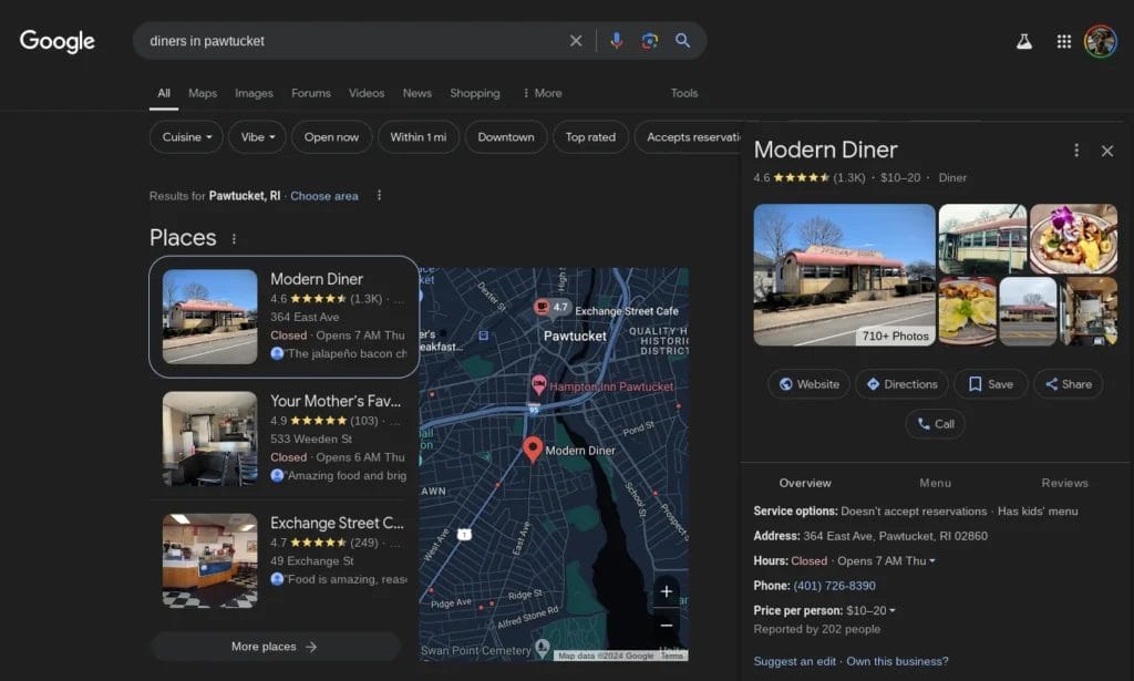 Screenshot of a Google Search for "diners in Pawtucket"