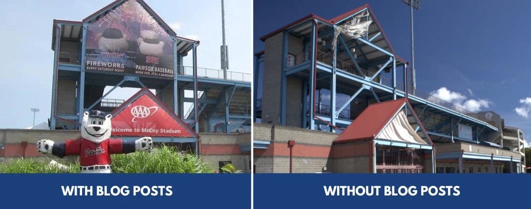 McCoy Stadium before and after shots, used as a graphical representation of why learning how to write a blog post is important. 