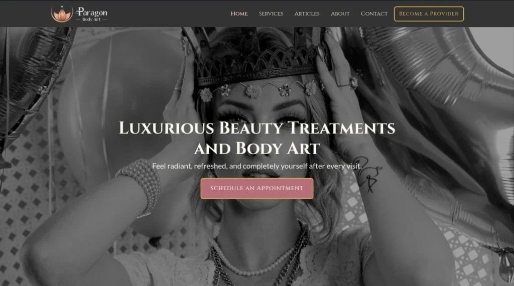 Screenshot of my client Paragon Body Art's website hero section with "Luxurious beauty treatments and body art", "feel radiant, refreshed, and completely yourself after every visit", and "schedule an appointment".